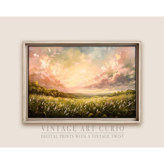 Serene Sunset Landscape Wall Art Print, Pastel Field Of Flowers, Calm Nature Art Living Room Decor, Scry UNFRAMED Poster, Wall Art for Decor, Present, 8x12