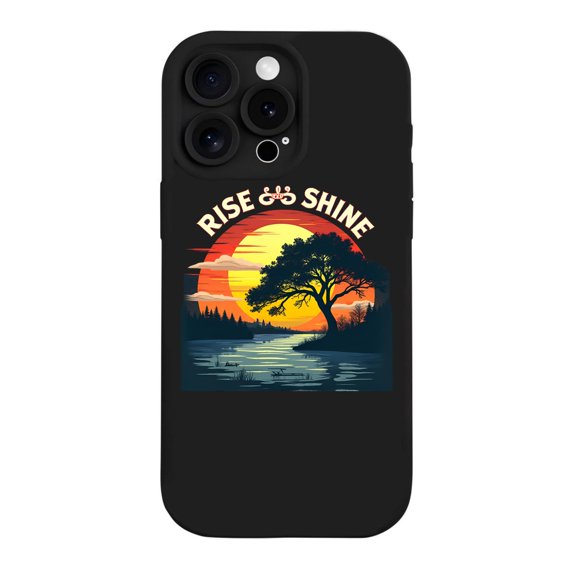 Serene Sunset Landscape iPhone 15 Pro Case - Lightweight Yellowing Resistant Featuring Bold ' RISE & SHINE ' Design with Vibrant Colors
