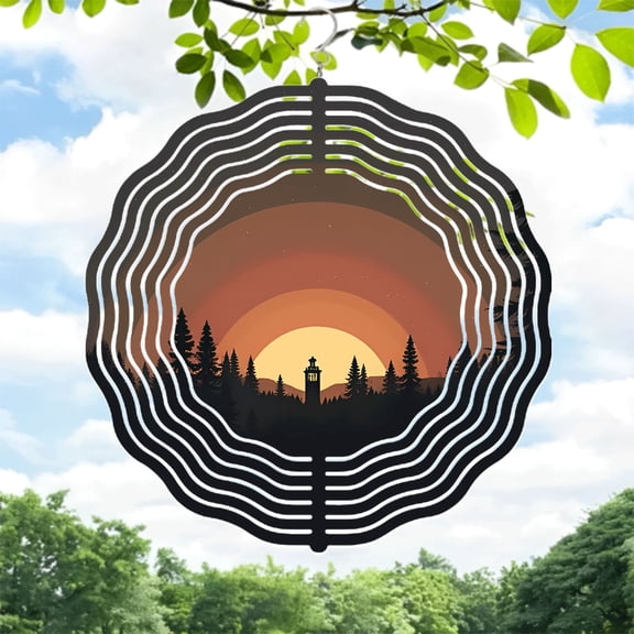 Serene Sunset Lighthouse Metal Wind Spinner - Circular Mandala Design with Pine Tree Silhouettes for Yard & Garden Decor