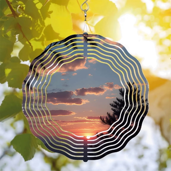 Serene Sunset Metal Hanging Wind Spinner - Circular White Line Design with Vibrant Colors for Tranquil Yard & Garden Decor