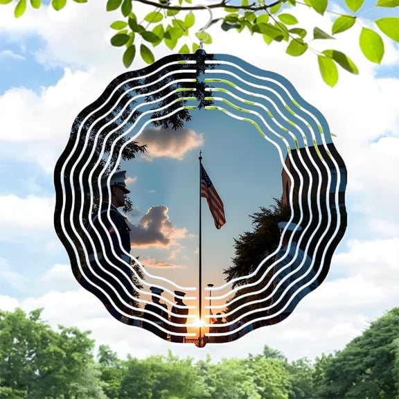 Serene Sunset Metal Wind Spinner & Chime - Artistic Circular Design with American Flag Motif for Yard & Garden Decor