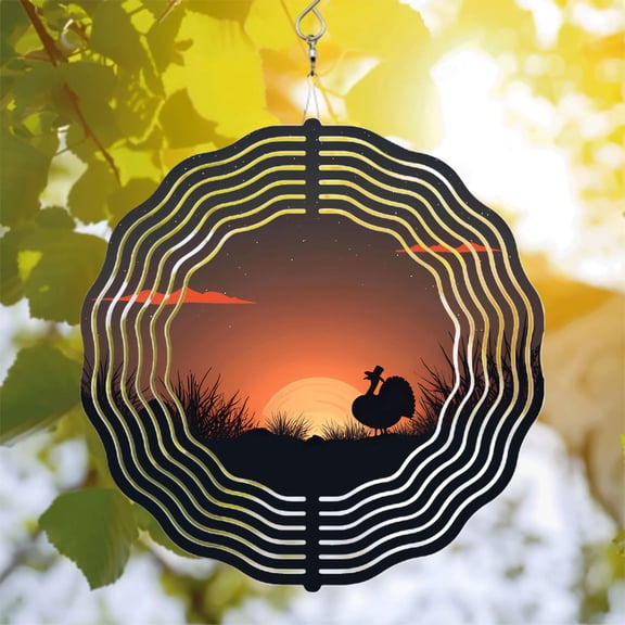 Serene Sunset Metal Wind Spinner with Rooster Silhouette - Circular Pattern Design for Yard & Garden Decor Perfect Wind Chime