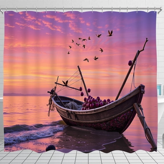 Serene Sunset Shower Curtain - Vibrant Colors Tranquil Beach Scene with Boat and Grapes