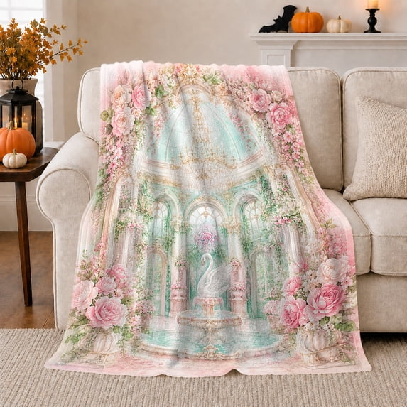 Serene Swan Tiered Fountain Amid Pink Roses Romantic, Peaceful Bird Art Scene, Warm Flannel Blanket for Living Room and Reading Nook, Bird Lovers Encouragement Gift, Artistic Home Decor