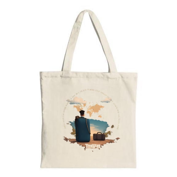 Serene Tote Bag with Sunset Ocean Scene Person with Suitcase & World Map Perfect for Travel Shopping & Parties - Reusable Canvas Bag