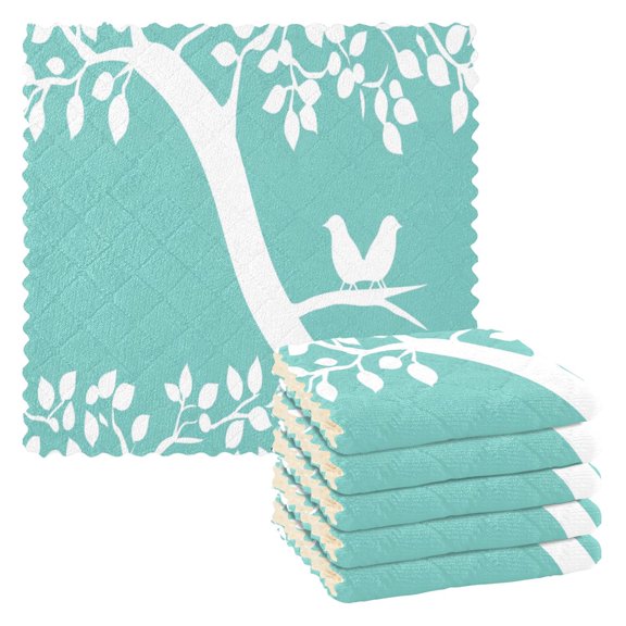 Serene Tree and Birds 6 Pack Kitchen Cleaning Cloths 11'' x 11'', Super Absorbent, Soft Double Layer Plush for Dish and Surface Cleaning