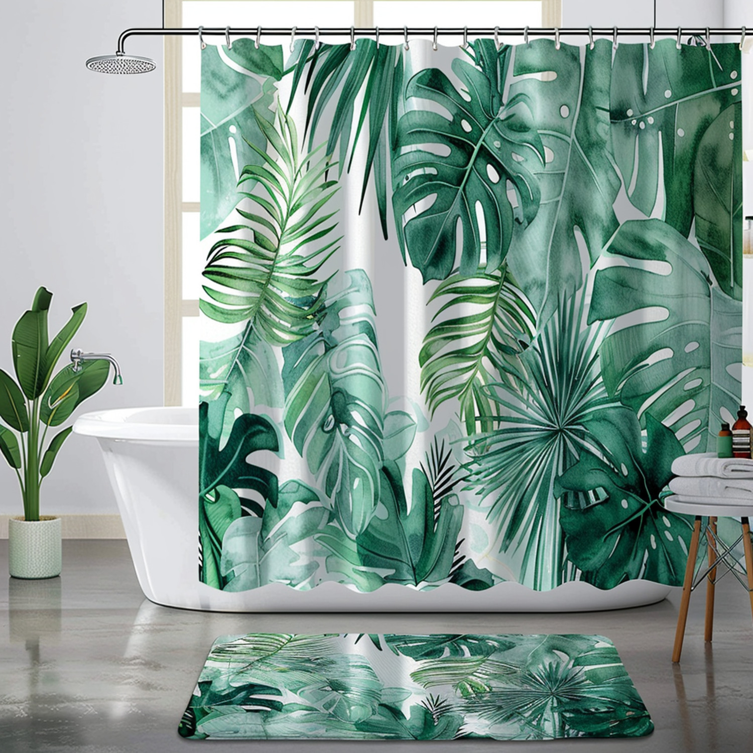 Serene Tropical Rainforest Bathroom Decor Set Pastel Green Blue Leaves