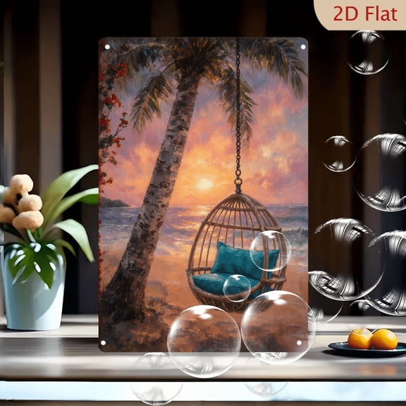 Serene Tropical Sunset Beach Wall Art, 8x12 Inch Metal Tin Sign Featuring Wicker Egg Swing Chair, Palm Tree & Vibrant Sky, Soft Impressionist Style Decor for Living Room Bedroom