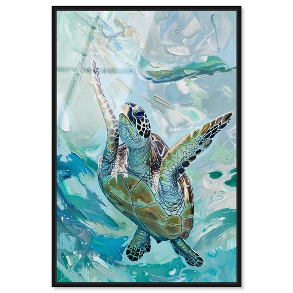 Serene Turtle Framed High-Gloss Acrylic Glass Wall Art Colorful Coastal Wall Art by Art Remedy, Black Frame, 10 x 15