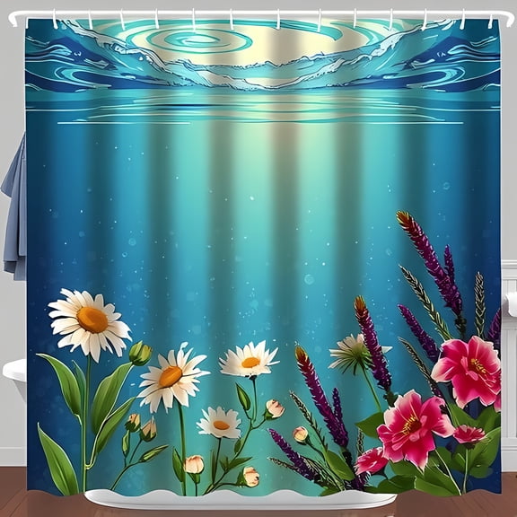 Serene Underwater Shower Curtain with Waves and Vibrant Wildflowers - Calming Teal for a Relaxing Bathroom Decor