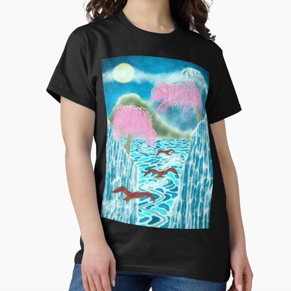 Serene Waterfall Landscape T-Shirt | Pink Willow Trees, Moonlit River, Flying Birds Nature Art H3821, for Unisex, Up to Size 5XL