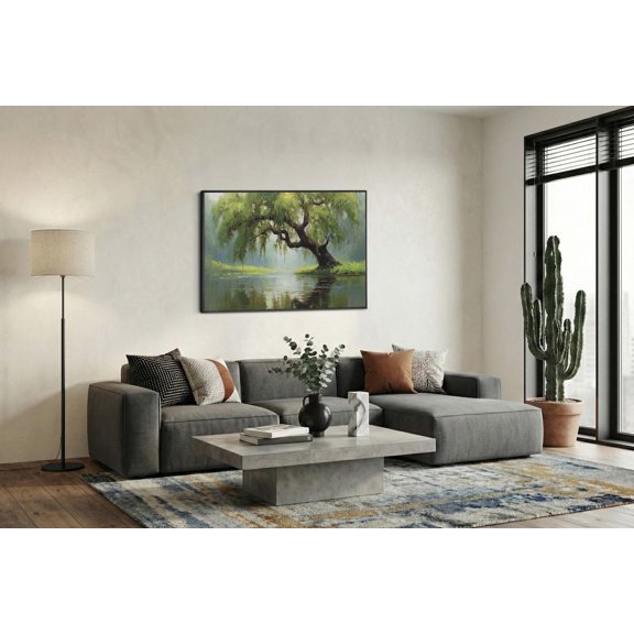 Serene Weeping Willow Tree Over Water Lakeside Reflection Portrait Decor Unframed Paper Print