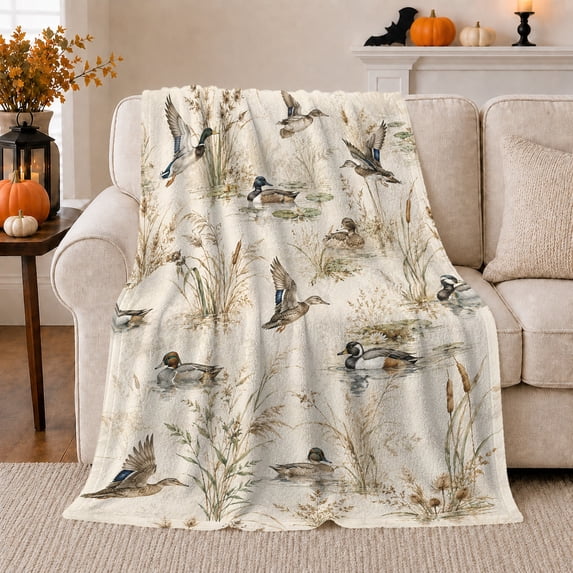 Serene Wetland Marsh Duck Reed Illustration, Peaceful Bird Art Scene, Warm Flannel Blanket for Living Room and Reading Nook, Bird Lovers Friendship Gift, Artistic Home Decor