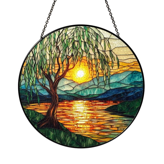 Serene Willow Tree Landscape Stained Glass Style Suncatcher, Decorative Window Hanging Nature Art Decor