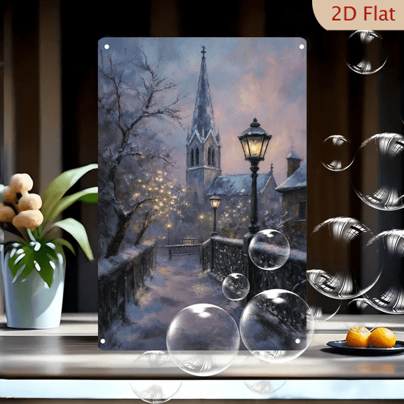 Serene Winter Evening Painting, 8x12 Inches Metal Wall Art with Snowy Bridge and Church Steeple, Impressionist Oil Style Twilight Scene for Home Decor
