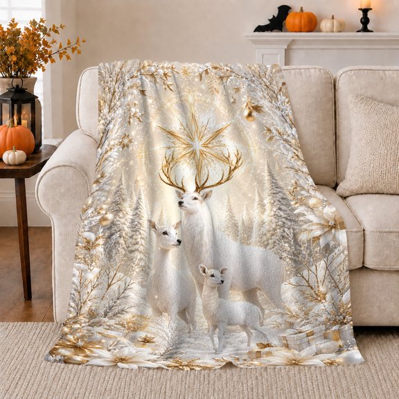 Serene Winter Forest White Deer Family Golden Star, Festive Holiday Scene, Warm Flannel Blanket for Ranch House and Living Room, Art Lovers Friendship Gift, Festive Home Decor