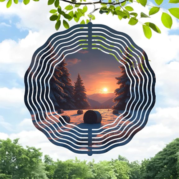 Serene Winter Landscape Metal Wind Spinner - Circular Design with Concentric Lines Perfect for Yard & Garden Decor