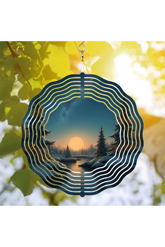 Serene Winter Landscape Metal Wind Spinner - Circular Pattern Design for Yard & Garden - Beautiful Chime with Pine Trees & River