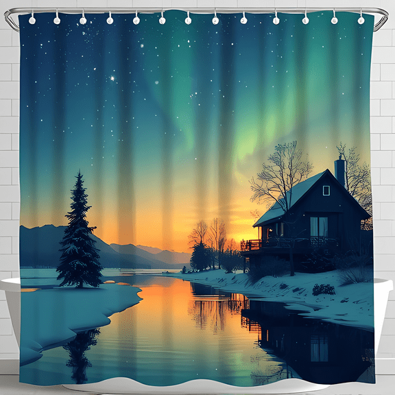 Serene Winter Landscape Shower Curtain - Cozy Cabin Sunset Reflection for a Calming Bathroom Decor
