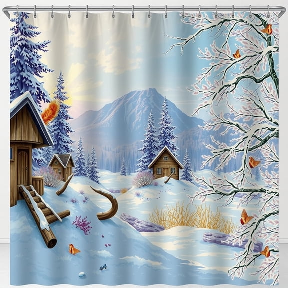 Serene Winter Landscape Shower Curtain - Snowy Cabins & Trees