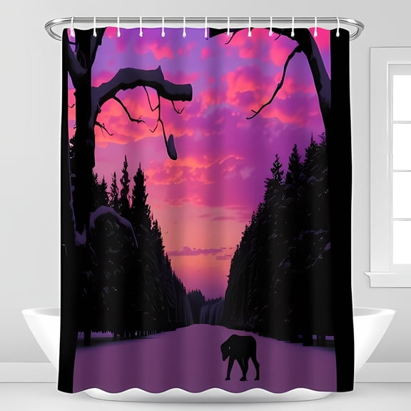 Serene Winter Landscape Shower Curtain Vibrant Sunset with Silhouetted Evergreens & Mysterious Animal Perfect for a Calming Bathroom Decor