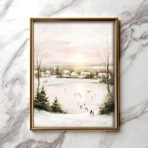 Serene Winter Landscape Wall Art - Cozy Frozen Lake Scene At Sunset, Rustic Vintage Decor, Family Ice Skating Art 70, Unframed Poster Size 12x18