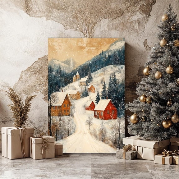 Serene Winter Landscape Wall Art Snowy Houses Poster Cozy Cottage Wall Decor Rustic Winter Poster Ready To Hang Gift, Unframed Poster Size 24x36