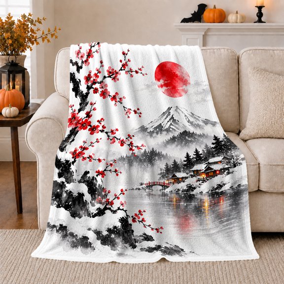 Serene Winter Mount Fuji Red Plum Blossoms Japanese, Peaceful Mountain Lake Scene, Warm Flannel Blanket for Cabin and Lodge, Outdoor Lovers Friendship Gift, Artistic Home Decor