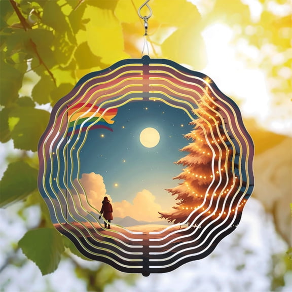 Serene Winter Night Metal Hanging Wind Spinners - Circular Design with Full Moon & Rainbow Flag for Yard & Garden Decor
