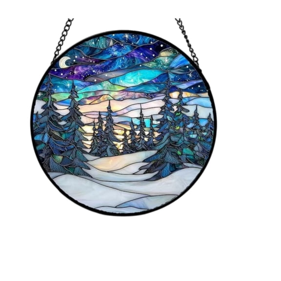 Serene Winter Night Sky Window Hanging with Stained Glass Style Moon Star and Snowy Scene for Cozy Holiday Light and Calm Seasonal Decor with Calm Evening Glow