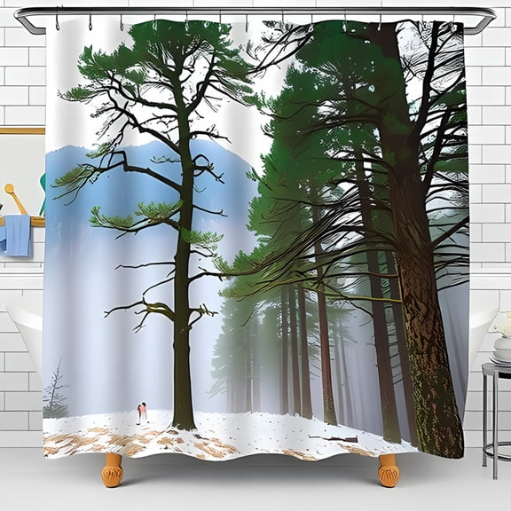 Serene Winter Pine Tree Shower Curtain Tranquil Snowy Forest Scene for Bathroom Decor