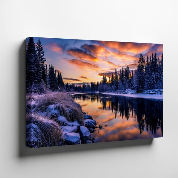 Serene Winter River Sunset Wall Art Print, Snowy Landscape Decor