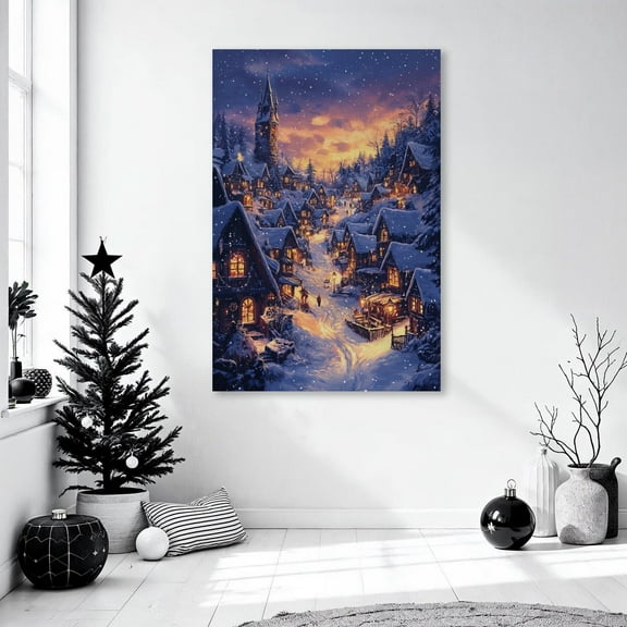 Serene Winter Village Scene Wall Art Mountain Landscape Print Snowy Cottage Poster Winter Festive Decor Seasonal Decor Gift Ready to Hang, Unframed Canvas Size 8x12