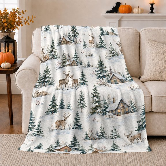 Serene Winter Woodland Scene Resting Deer Rustic Cabins, Peaceful Woodland Scene, Warm Flannel Blanket for Cabin and Lodge, Wildlife Lovers Housewarming Gift, Rustic Home Decor