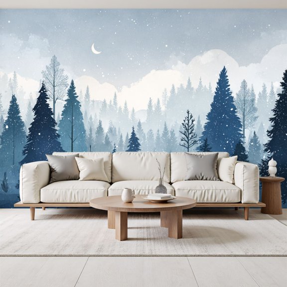 Serene Wintry Forest misty Wallpaper Landscape Snowfall Moonlight Peel and Stick Wall Murals 69"H x 96"W Removable PVC Wall Paper Self-Adhesive Wall Decor for Bedroom Living Room