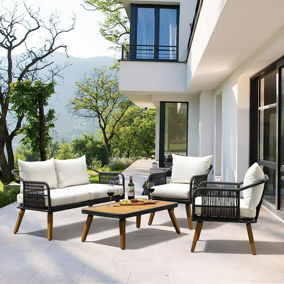 Serene Wood Wicker Patio Conversation Set of 4, Thick Soft Cushions (Cream Opal)