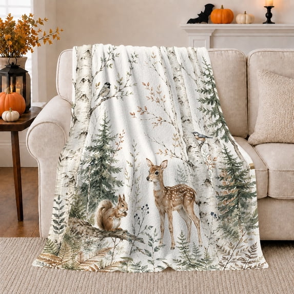 Serene Woodland Deer Squirrel Forest Scene Rustic Nature, Peaceful Woodland Scene, Warm Flannel Blanket for Cabin and Lodge, Wildlife Lovers Housewarming Gift, Rustic Home Decor