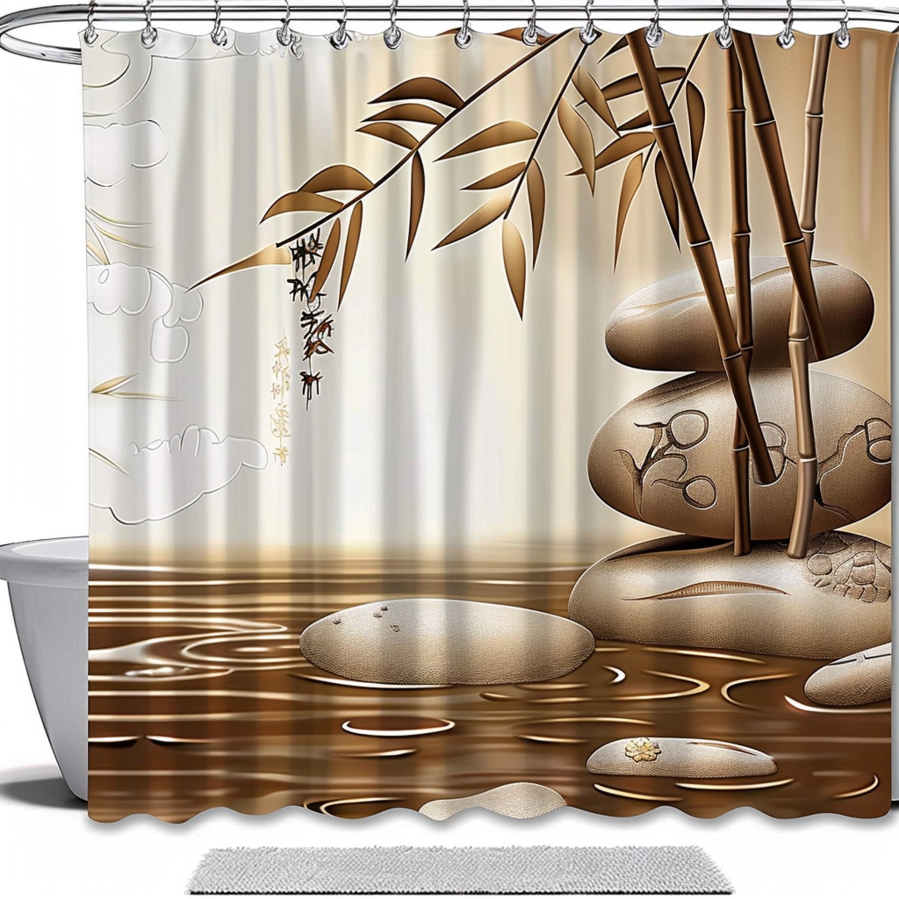 Serene Zen Retreat Hyperrealistic Bamboo and Stone Shower Curtain with