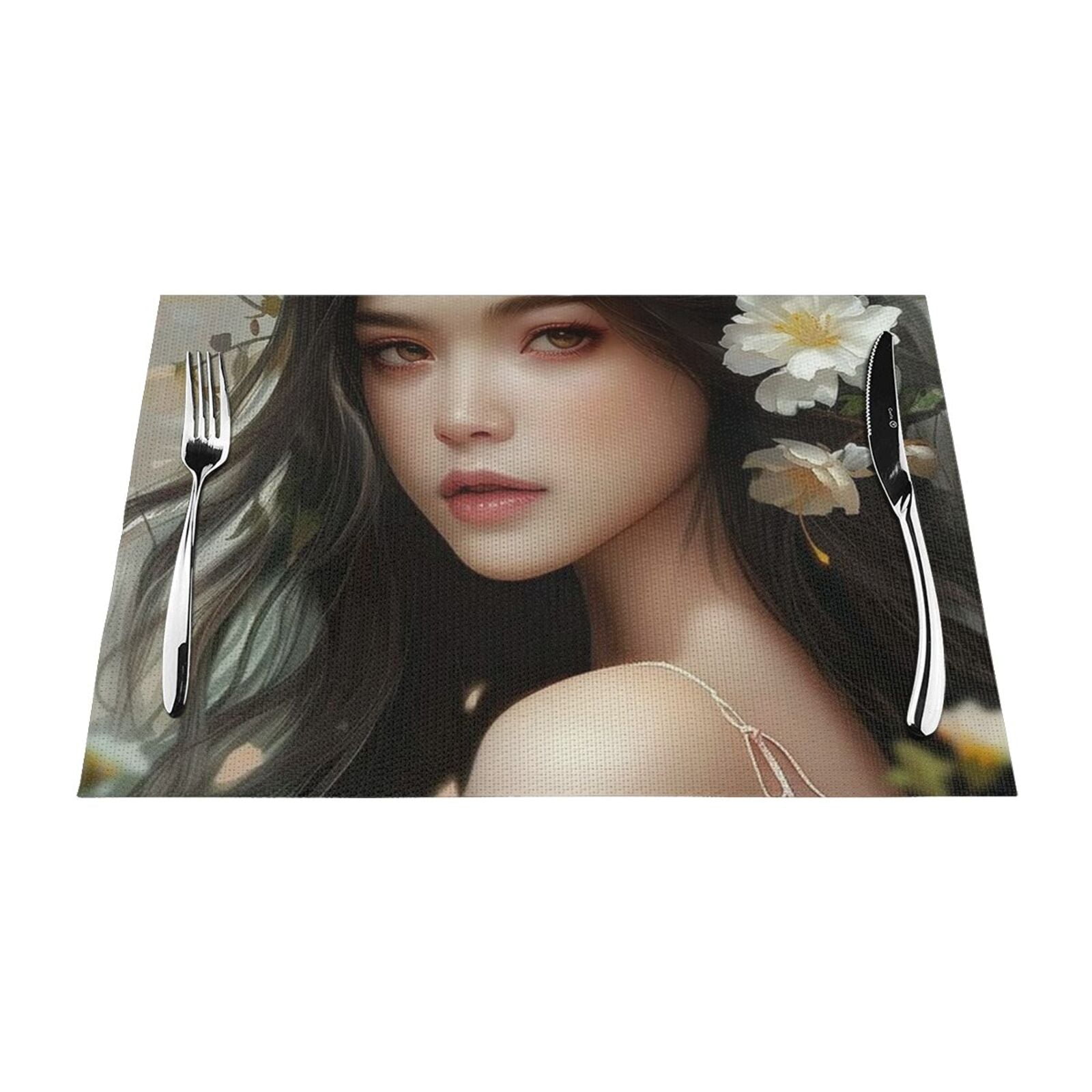Serene portrait of a woman with dark hair and flowers mat, heat