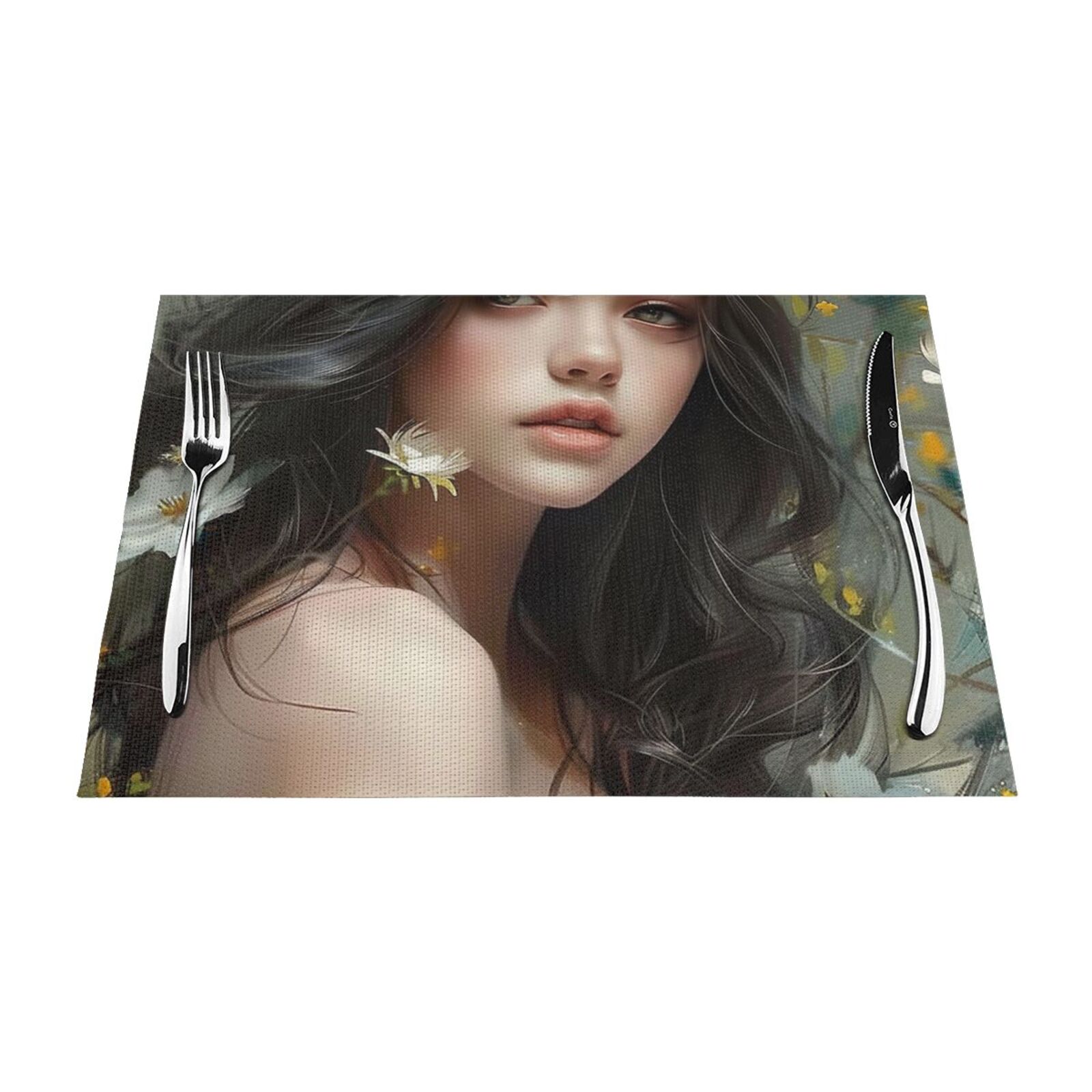 Serene portrait of a woman with dark hair and flowers mat, heat