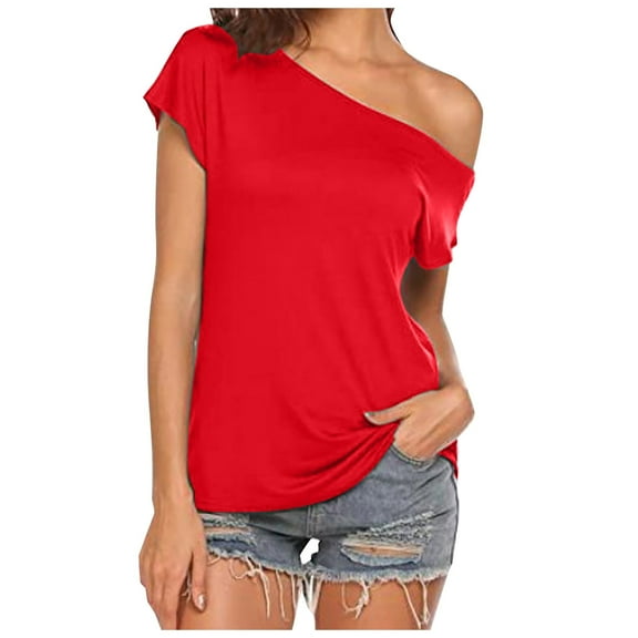 SereneDome Women's Off The Shoulder Tops Trendy Summer Short Sleeve T-Shirts Solid Color Loose Blouses Oversized Batwing Tunic Tops