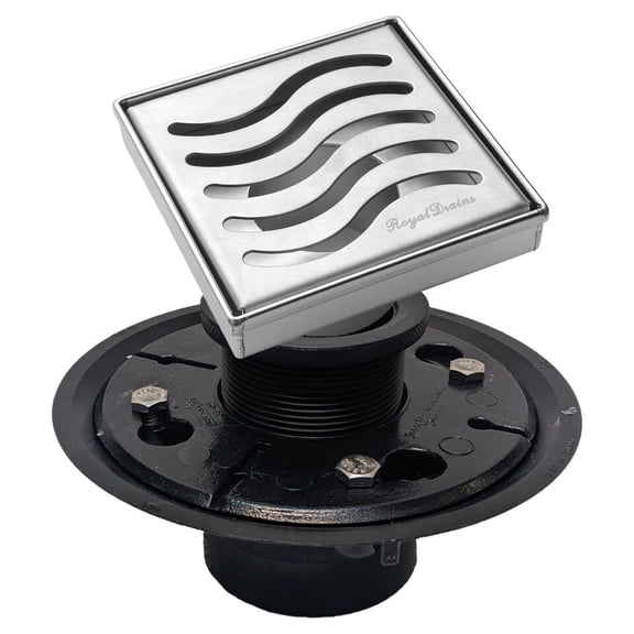 SereneDrains 304 Stainless Steel 4 Inch Brushed Nickel Square Shower Drain Kit with Base Ocean Wave for Tile Floor Grate Cover Hair Catcher Trap Strainer Filter