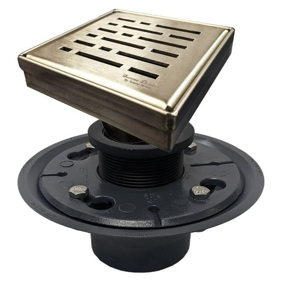 SereneDrains 304 Stainless Steel 4 Inch Square Brushed Gold Shower Drain Kit with Base Broken Lane Brass for Tile Floor Drain Grate Cover Hair Catcher Trap Strainer Filter