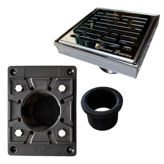 SereneDrains 304 Stainless Steel 4 Inch Square Polished Chrome Shower Drain Kit with Base Broken Lane for Tile Floor Drain Grate Cover Hair Catcher Trap