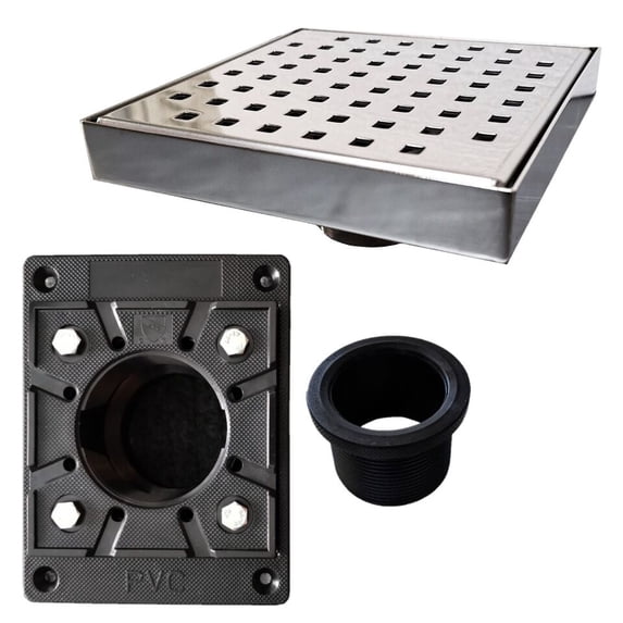 SereneDrains 304 Stainless Steel 6 Inch Square Polished Chrome Shower Drain Kit with Base Square Design for Tile Floor Drain Grate Cover Hair Catcher Trap
