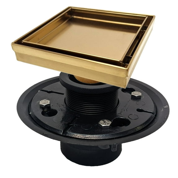 SereneDrains 304 Stainless Steel Tile in Square Brushed Gold Shower Drain Kit 5 Inch with Base Hair Catcher Strainer Grate Brass Cover Bathroom Floor Insert