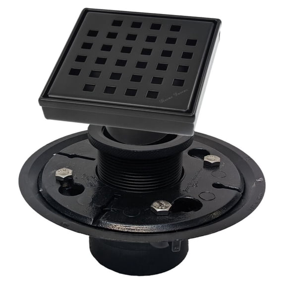 SereneDrains 304 Stainless Steel 4 Inch Square Matte Black Shower Drain Kit with Base Square Design for Tile Floor Drain Grate Cover Hair Catcher Trap Strainer Filter
