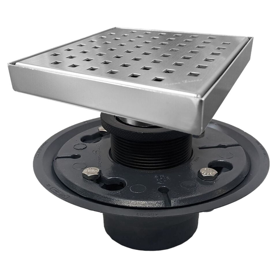 Shower Drain 6 Inch Square Stainless Steel Floor Drain With Removable Patterned Grate, Hair Strainer & Threaded Adapter – Silver