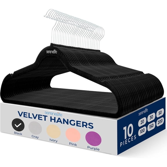 SereneLife 10 Pack Velvet Hangers Non-Slip Clothes Hangers with Heavy Duty Design, Slim Space-Saving Coat Hangers with 360 Swivel Hook, Strong Lightweight Closet Organizer Set for Clothes (Black)