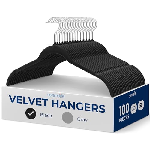SereneLife 100-Piece Shirt Hangers, Premium Non-Slip Velvet Hangers Pack with 360° Swivel Hooks, Slim Space-Saving Design for Tops, Jackets, Blouses, & Strappy Dresses, Supports 8 lbs, (Black)